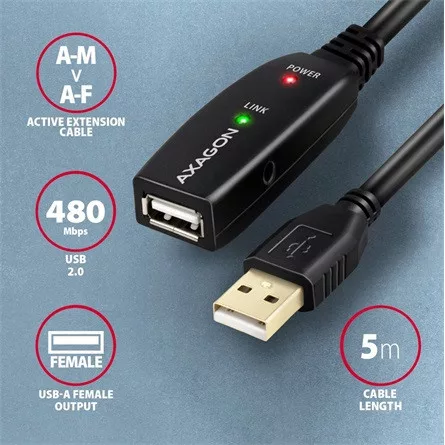 Axagon ADR-205 USB-A 2.0 -> USB-A 2.0 M/F aktív adatkábel hosszabbító 5m fekete