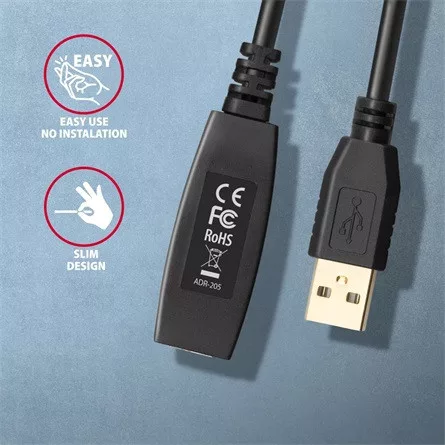 Axagon ADR-205 USB-A 2.0 -> USB-A 2.0 M/F aktív adatkábel hosszabbító 5m fekete