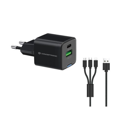 Conceptronic telefon töltő adapter+kábel - ALTHEA16B (USB-C+USB-A, 33W, 3in1 töltő kábel, fekete)