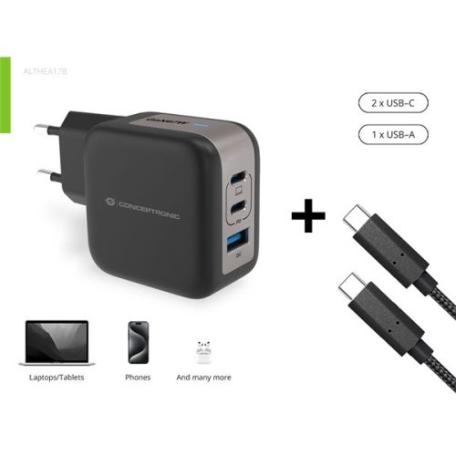 Conceptronic telefon töltő adapter+kábel - ALTHEA17B (2xUSB-C+USB-A, 67W, USB-C töltő kábel, fekete)