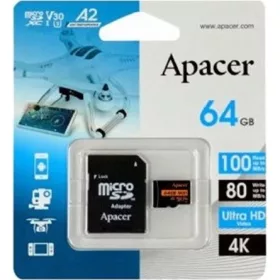   Apacer MicroSD kártya - 64GB microSDXC UHS-I U3 V30 A2 (R/W: 100/80 MB/s) + adapter