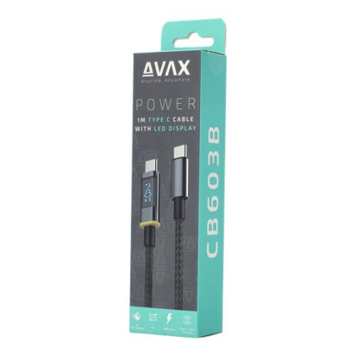 AVAX KAB AVAX CB603B POWER+ LED Type C-Type C 140W gyorstöltő, sodorszálas kábel, 5A, fekete - 1m - Dobozsérült termék