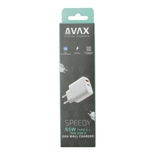 AVAX CHG AVAX CH360 SPEEDY 65W GaN hálózati töltő USB A (QC)+Type C (PD3.0), fehér