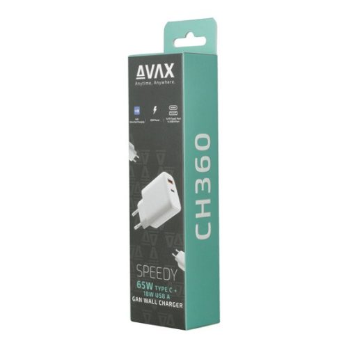 AVAX CHG AVAX CH360 SPEEDY 65W GaN hálózati töltő USB A (QC)+Type C (PD3.0), fehér