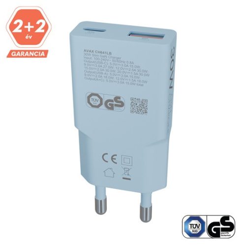 AVAX CHG AVAX CH641LB NANO SLIM 30W töltő adapter USB-C (PD3.0)+USB-A (QC3.0), világoskék