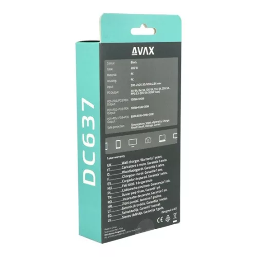AVAX Hálózati töltő 4xUSB-C 200W Gyorstöltő fekete