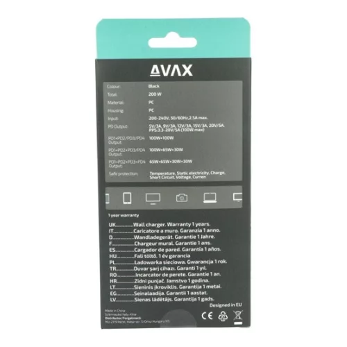 AVAX Hálózati töltő 4xUSB-C 200W Gyorstöltő fekete