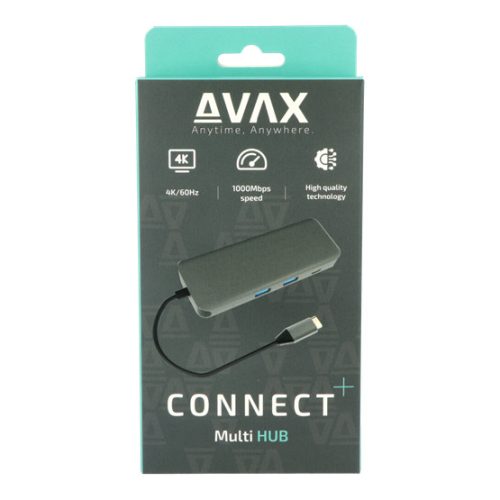 AVAX USB HUB USB-C 8in1 2xUSB3.0, USB-C, HDMI, RJ45, TF/SD, 100W