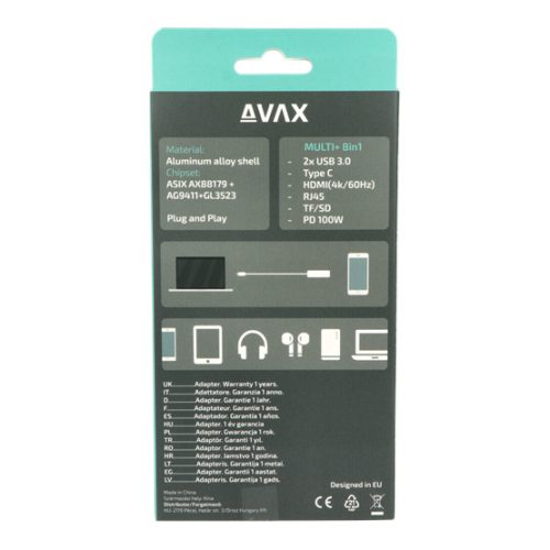 AVAX USB HUB USB-C 8in1 2xUSB3.0, USB-C, HDMI, RJ45, TF/SD, 100W