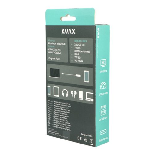 AVAX USB HUB USB-C 8in1 2xUSB3.0, USB-C, HDMI, RJ45, TF/SD, 100W