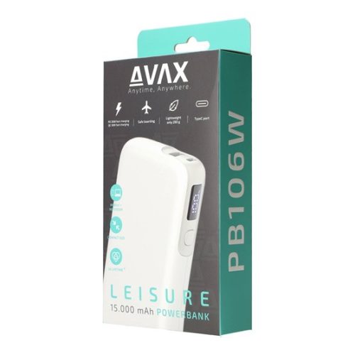 AVAX CHG AVAX PB106W LEISURE PD/Type-C 30W+QC 18W gyorstöltő Powerbank 15.000mAh, fehér - Dobozsérült termék