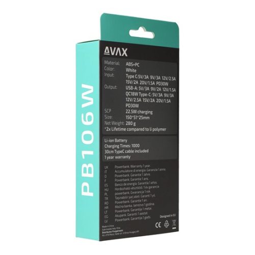 AVAX CHG AVAX PB106W LEISURE PD/Type-C 30W+QC 18W gyorstöltő Powerbank 15.000mAh, fehér - Dobozsérült termék