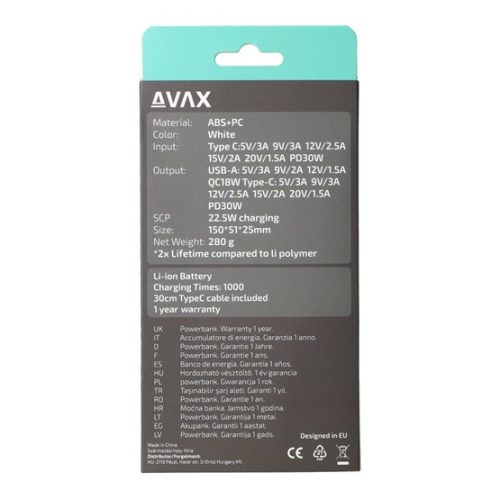 AVAX CHG AVAX PB106W LEISURE PD/Type-C 30W+QC 18W gyorstöltő Powerbank 15.000mAh, fehér - Dobozsérült termék