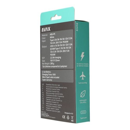 AVAX CHG AVAX PB106W LEISURE PD/Type-C 30W+QC 18W gyorstöltő Powerbank 15.000mAh, fehér - Dobozsérült termék