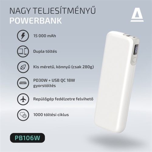 AVAX CHG AVAX PB106W LEISURE PD/Type-C 30W+QC 18W gyorstöltő Powerbank 15.000mAh, fehér - Dobozsérült termék