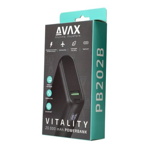 AVAX CHG AVAX PB202B VITALITY PD/Type C 65W+QC 18W gyorstöltő Powerbank 20.000mAh, fekete - Dobozsérült termék