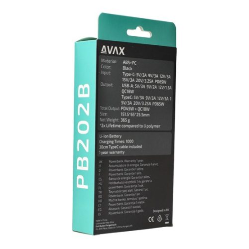 AVAX CHG AVAX PB202B VITALITY PD/Type C 65W+QC 18W gyorstöltő Powerbank 20.000mAh, fekete - Dobozsérült termék
