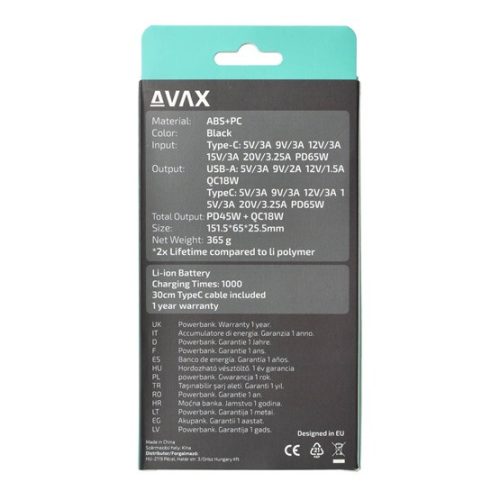 AVAX CHG AVAX PB202B VITALITY PD/Type C 65W+QC 18W gyorstöltő Powerbank 20.000mAh, fekete - Dobozsérült termék