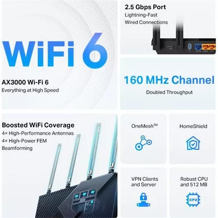 TP-LINK Wireless Router Dual Band AX3000 1xWAN(1000Mbps) + 4xLAN(1000Mbps) + 1xUSB, Archer AX55 PRO