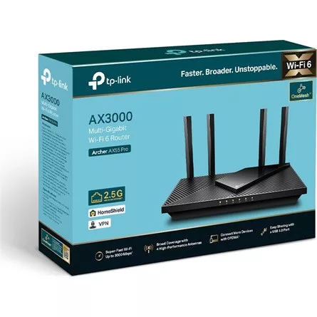 TP-LINK Wireless Router Dual Band AX3000 1xWAN(1000Mbps) + 4xLAN(1000Mbps) + 1xUSB, Archer AX55 PRO