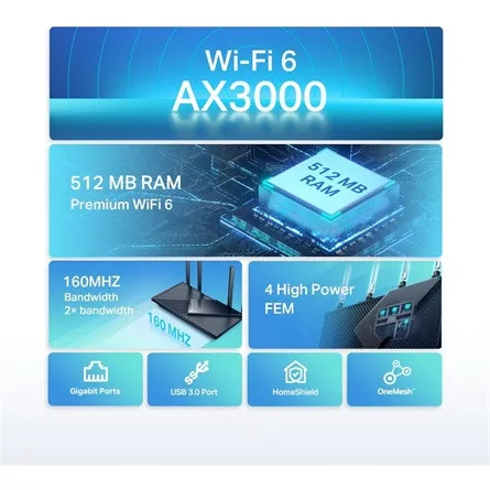 TP-LINK Wireless Router Dual Band AX3000 1xWAN(1000Mbps) + 4xLAN(1000Mbps) + 1xUSB 3.0, Archer AX55