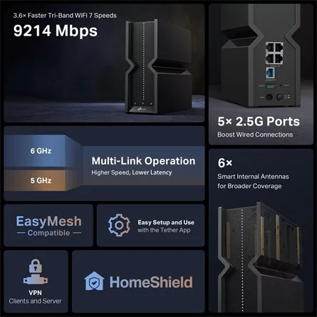 TP-LINK Wireless Router Tri-Band BE9300 1xWAN(2.5Gbps) + 4xLAN(2.5Gbps) + 1xUSB 3.0, Archer BE550