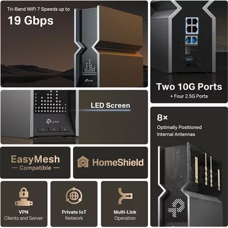 TP-LINK Wireless Router Tri-Band BE19000 2xWAN/LAN(10Gbps) + 4xLAN(2.5Gbps) + 1xUSB 3.0, Archer BE800