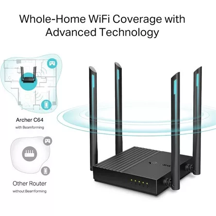 TP-LINK Wireless Router Dual Band AC1200 1xWAN(1000Mbps) + 4xLAN(1000Mbps), Archer C64