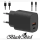 BLACKBIRD Hálózati Adapter T131 25W + Type-C + Lightning kábel 1m, Fekete
