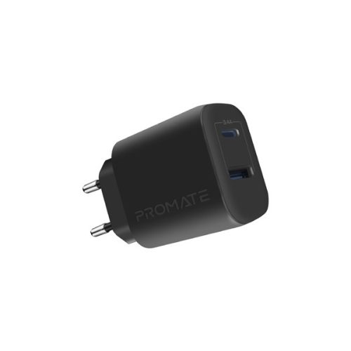 Promate Telefon töltő adapter - BIPLUG 2 (Dual Port, 1xUSB-A, 1xUSB-C, fekete)