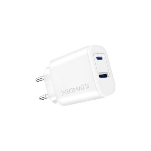 Promate Telefon töltő adapter - BIPLUG 2 (Dual Port, 1xUSB-A, 1xUSB-C, fehér)