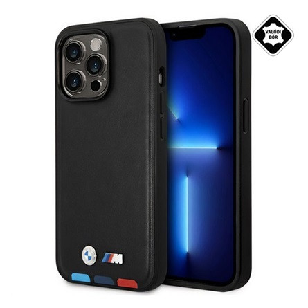 CG MOBILE iPhone 14 Pro BMW LEATHER STAMP TRICOLOR MAGSAFE szilikon telefonvédő valódi bőr bevonat FEKETE