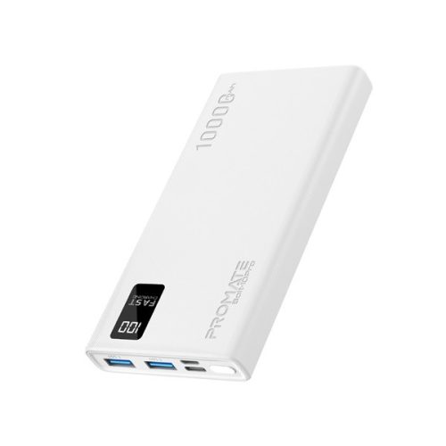 Promate Akkubank - BOLT 10PRO 10000mAh (PowerBank, 2xUSB 3.0, 1xMicroUSB, 1xUSB-C, PD/QC, LED kijelző, fehér)