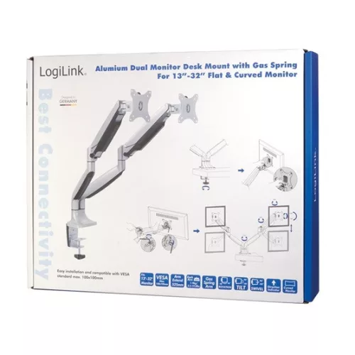 LogiLink Dual alumium monitor desk mount, tilt -90/+90, swivel -90/+90, level adjustment -90/+90