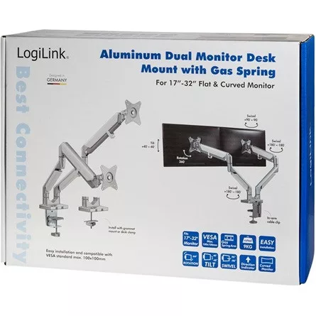 Delock Logilink Dual Monitor mount, 17"-32", aluminum, gas spring, curved screens