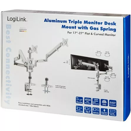 Delock Logilink Triple Monitor mount, 17"-27", aluminum, gas spring, curved screens, pole
