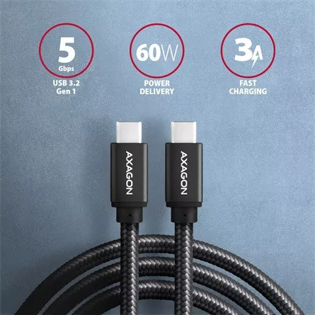 Axagon USB-C 3.2 Gen1 -> USB-C 3.2 Gen1 M/M adatkábel 1.5m fekete 60W
