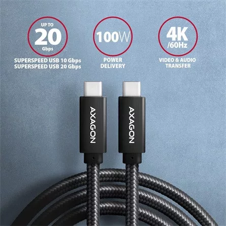 Axagon USB-C 3.2 Gen2 -> USB-C 3.2 Gen2 M/M adatkábel 1m fekete 100W