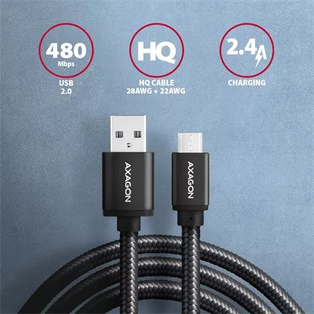 Axagon USB-A 2.0 -> USB-B 2.0 micro M/M adatkábel 1.5m fekete