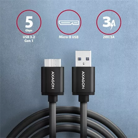 Axagon USB-A 3.2 Gen1 -> USB-B 3.0 micro M/M adatkábel 1m fekete