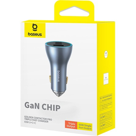 Baseus Golden Contactor Pro GaN autós gyorstöltő 65W, USB Type-A + 2×USB Type-C ,szürke