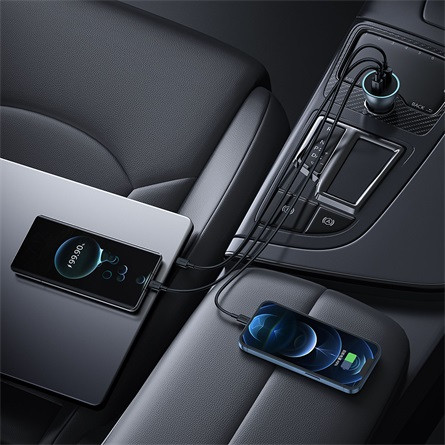 Baseus Golden Contactor Pro GaN autós gyorstöltő 65W, USB Type-A + 2×USB Type-C ,szürke