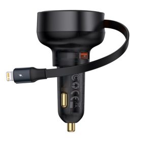   Baseus CHG Baseus Enjoyment Pro Car Charger U+Retractable iPhone Cable 55W autós gyorstöltő automatata behúzós kábellel, fekete