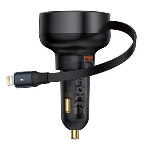 Baseus CHG Baseus Enjoyment Pro Car Charger U+Retractable iPhone Cable 55W autós gyorstöltő automatata behúzós kábellel, fekete