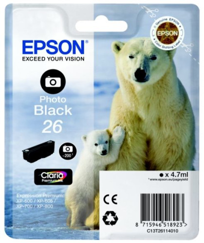 Epson fotó fekete tintapatron, 1 darab, 26, Claria Premium tinta