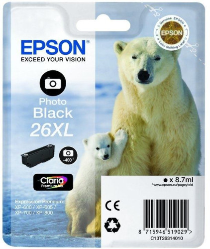 Epson fotó fekete tintapatron, 1 darab, 26XL, Claria Premium tinta