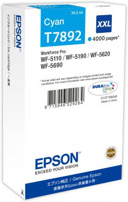 Epson cián tintapatron, XXL, T7892, WF-5000 sorozathoz, 4.000 oldal