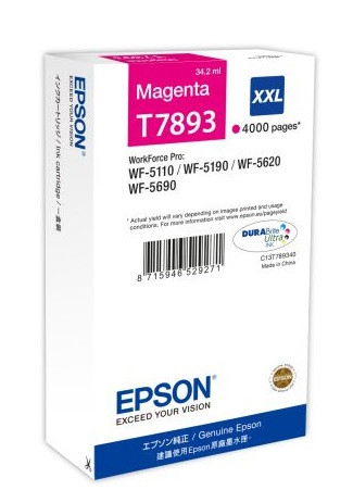 Epson bíbor tintapatron, XXL, T7893, WF-5000 sorozathoz, 4.000 oldal