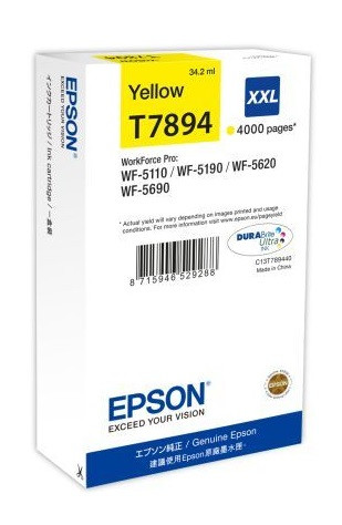 Epson sárga tintapatron, XXL, T7894, WF-5000 sorozathoz, 4.000 oldal