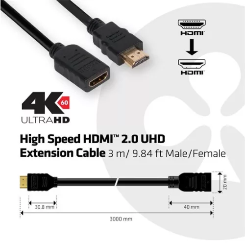 Club 3D CAC-1321 HDMI 2.0 -> HDMI 2.0 M/F video kábel hosszabbító 3m fekete